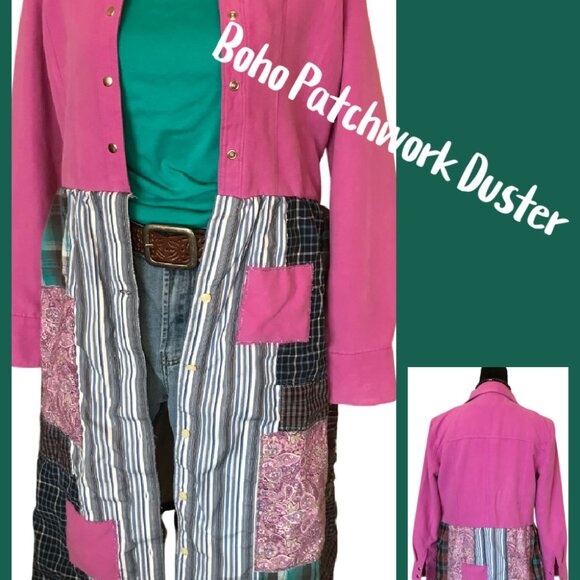 Boho Patchwork Duster Dress, S-M: Upcycled Pink Bohemian Layering Outerwear - Picture 12 of 12